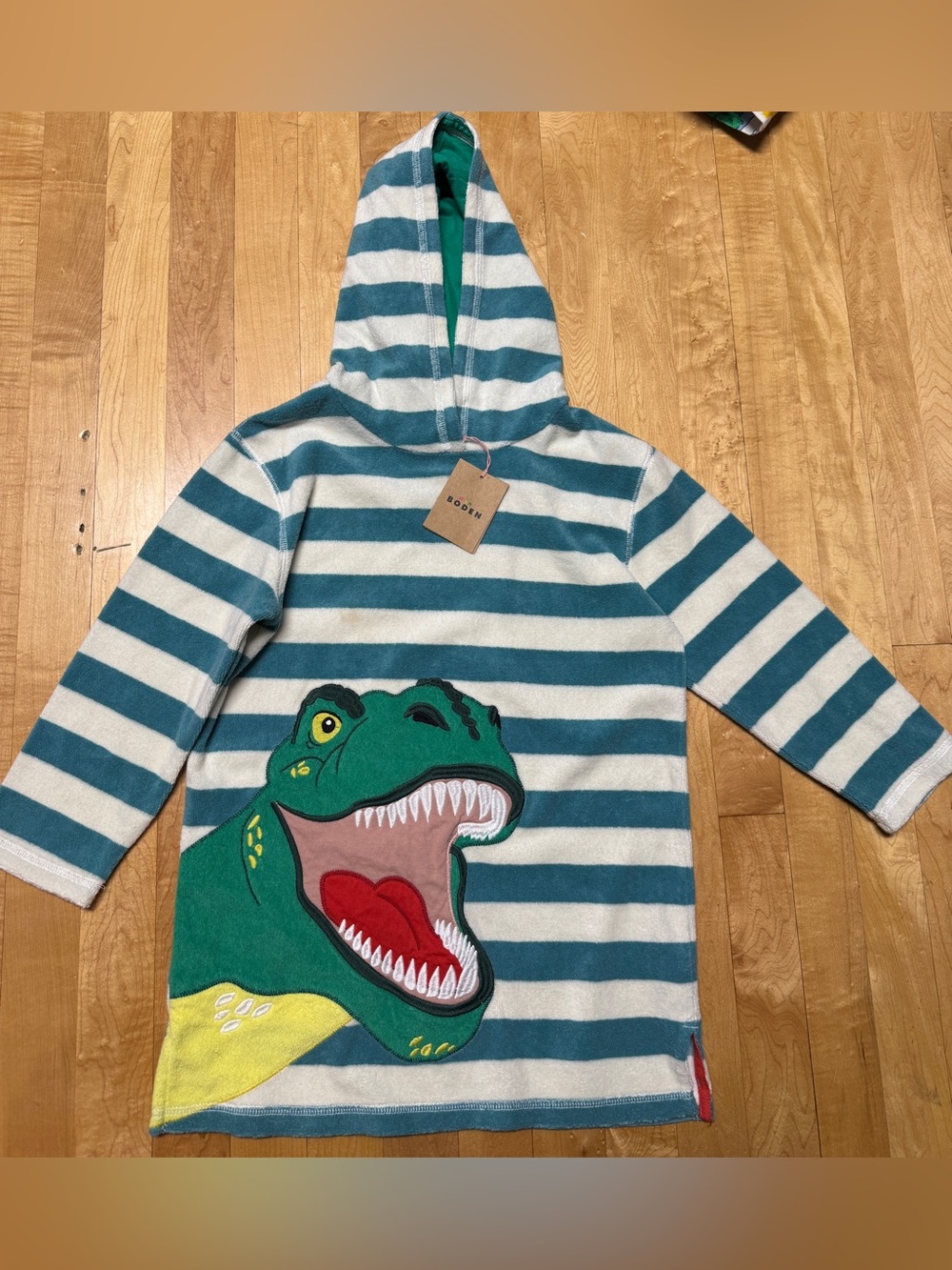 NEW Mini Boden towelling throw-on long sleeve hoodie T-Rex size 6/7